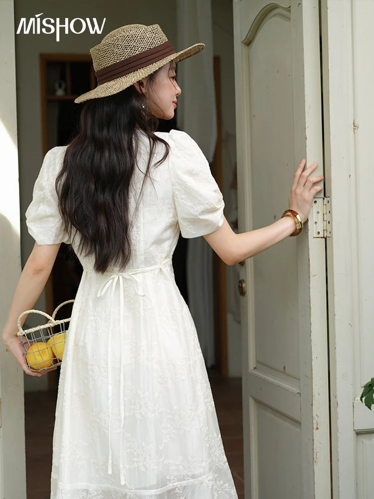 Mishow V-Neck Lace Embroidery Puff Sleeve Dress MXE39L2432