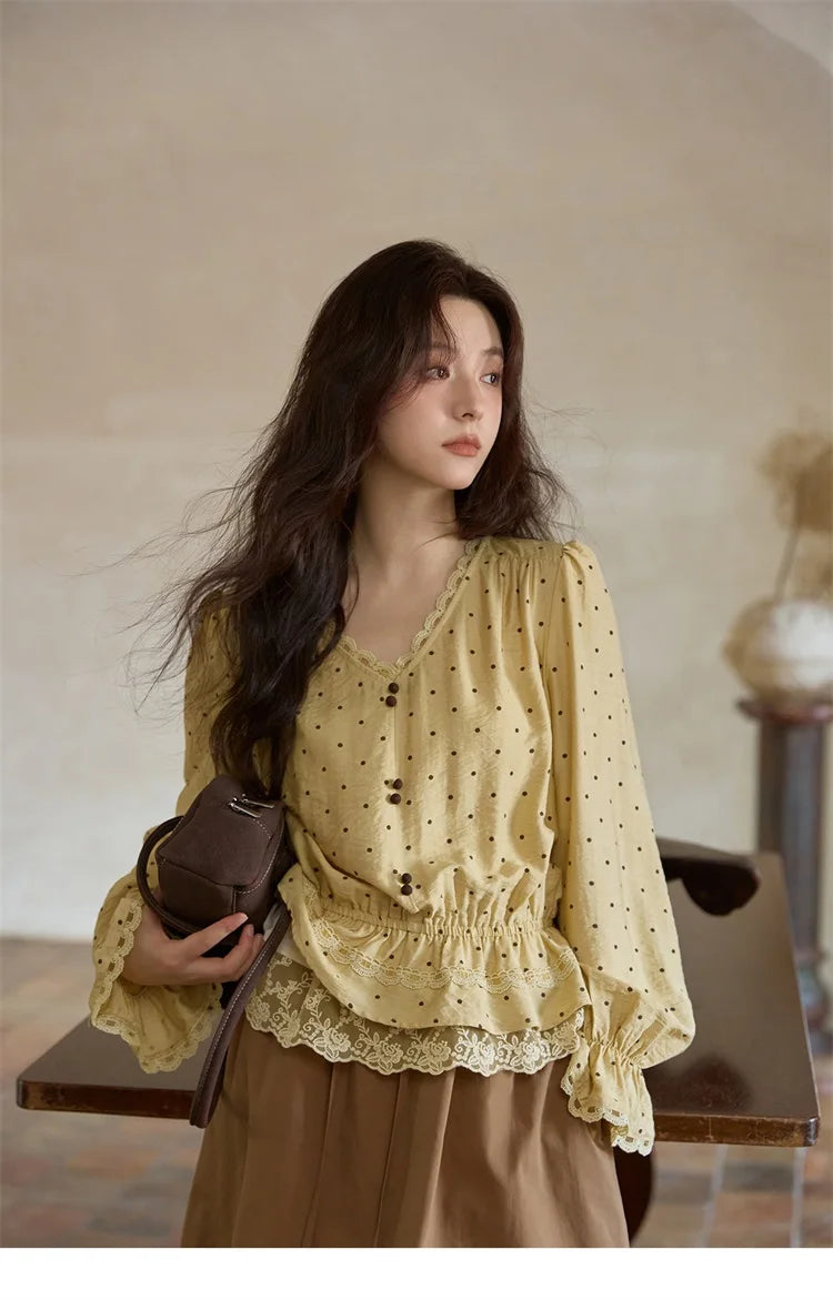 MISHOW Yellow Polka Dot Linen Blouse V-Neck Flare Sleeve MXE42X1975