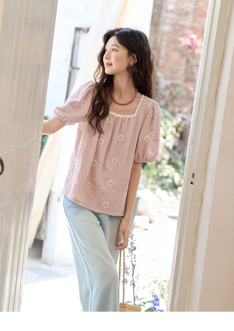 MISHOW Pink Embroidered Linen Blouse Square Collar Lace Patchwork MXE35X1834