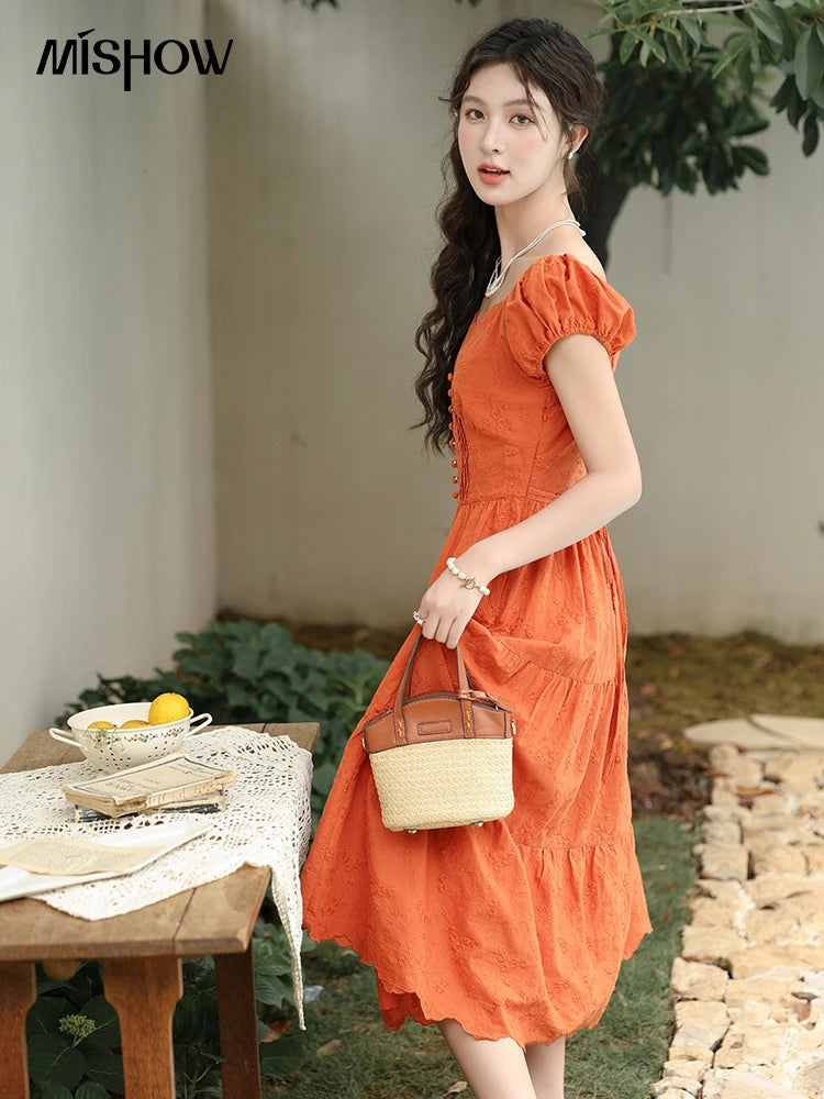 Mishow 100% Cotton Orange Embroidered Sweetheart Dress MXD29L1931