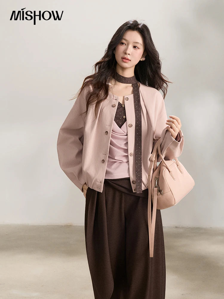 MISHOW Pink Flower Bud Leather Jacket Crew Neck Single-Breasted MXF108W1001
