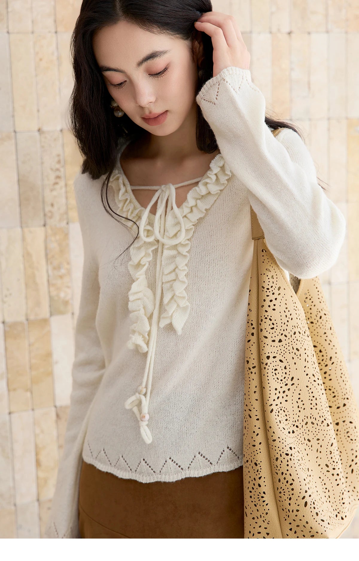 Mishow Beige V-Neck Wood Ear Hollow Sweater MXE51Z2595