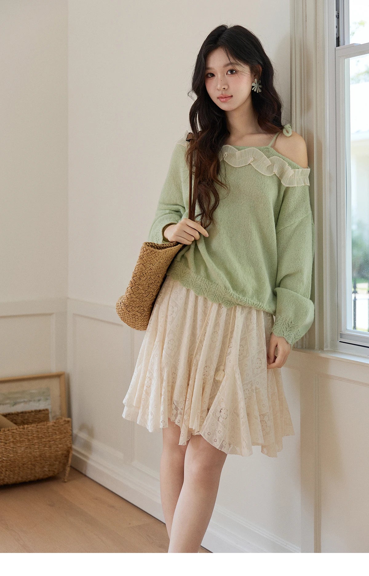 Mishow Light Green Asymmetrical Exposed Shoulder Top MXF108Z1027