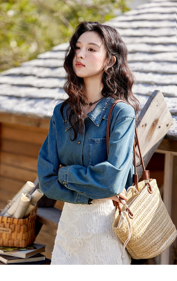 MISHOW Washed Denim Shirt Double Layered Patchwork Collar Metal Buckle MXE12C0751