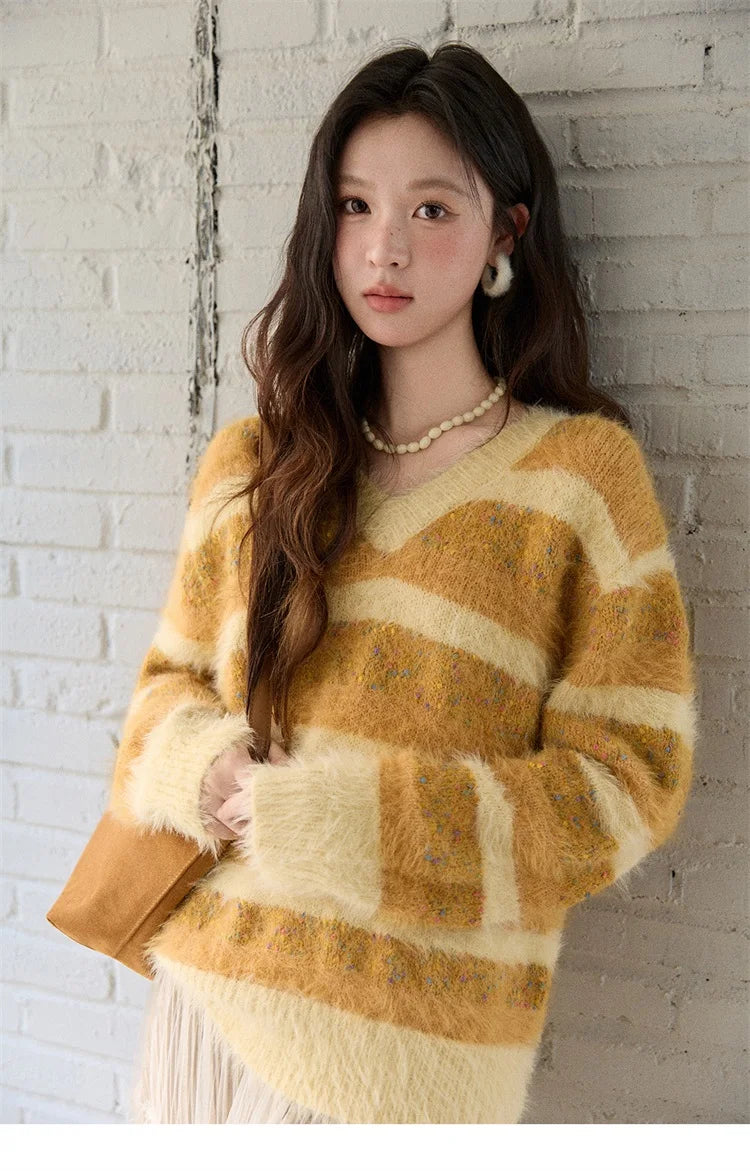 Mishow Retro Yellow Striped Faux Mink Jacquard Sweater MXE87Z2766