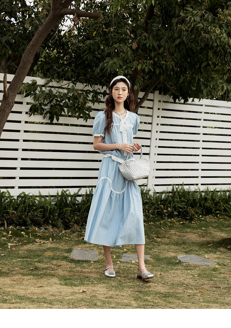 Mishow Blue Stripe V-Neck Top & A-Line Skirt Set MXE31T0531