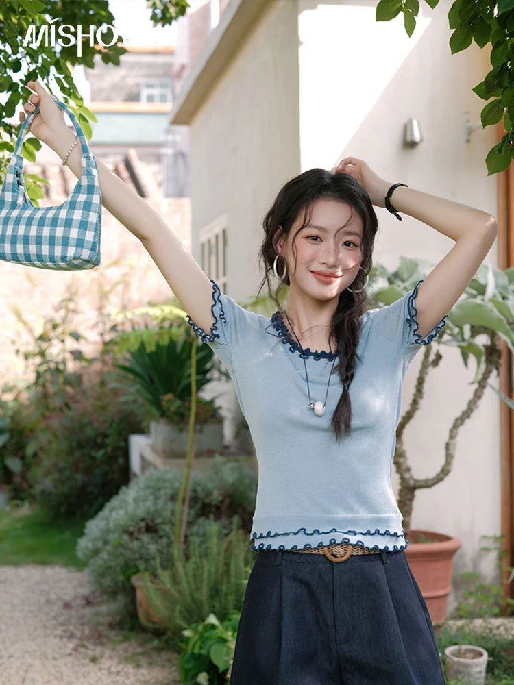Mishow Round Neck Ear Edge Short Sleeve Tee MXE32Z1233