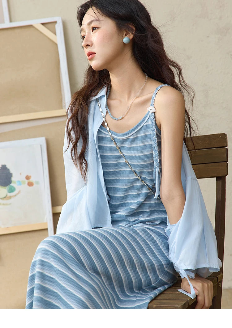 Mishow Blue Striped Camisole Dress & Lyocell Shirt Set MXE34L2285