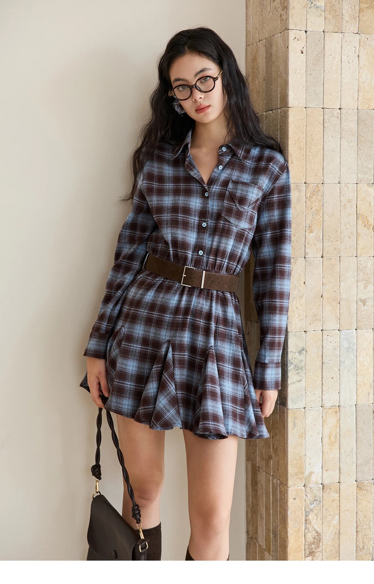 Mishow Blue Plaid Turn-Down Collar Belt Dress MXE48L2525