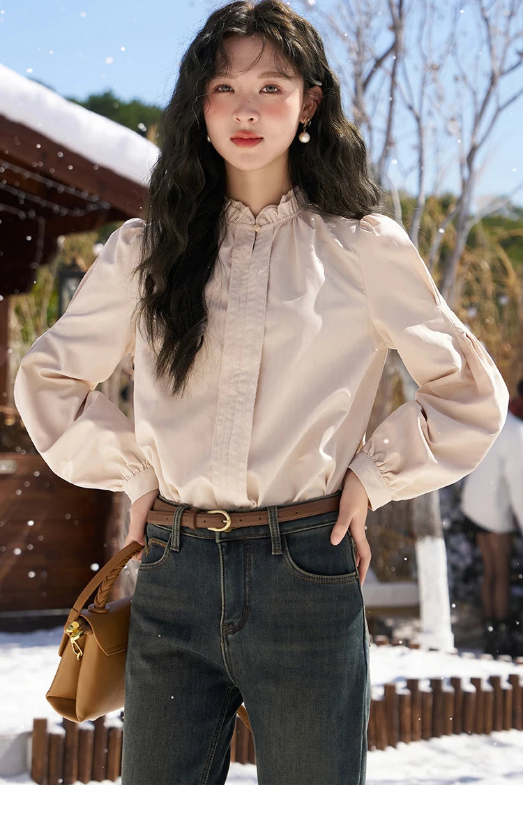MISHOW Button Up Lantern Sleeve Shirt Ruffle Neck MXC56X1320