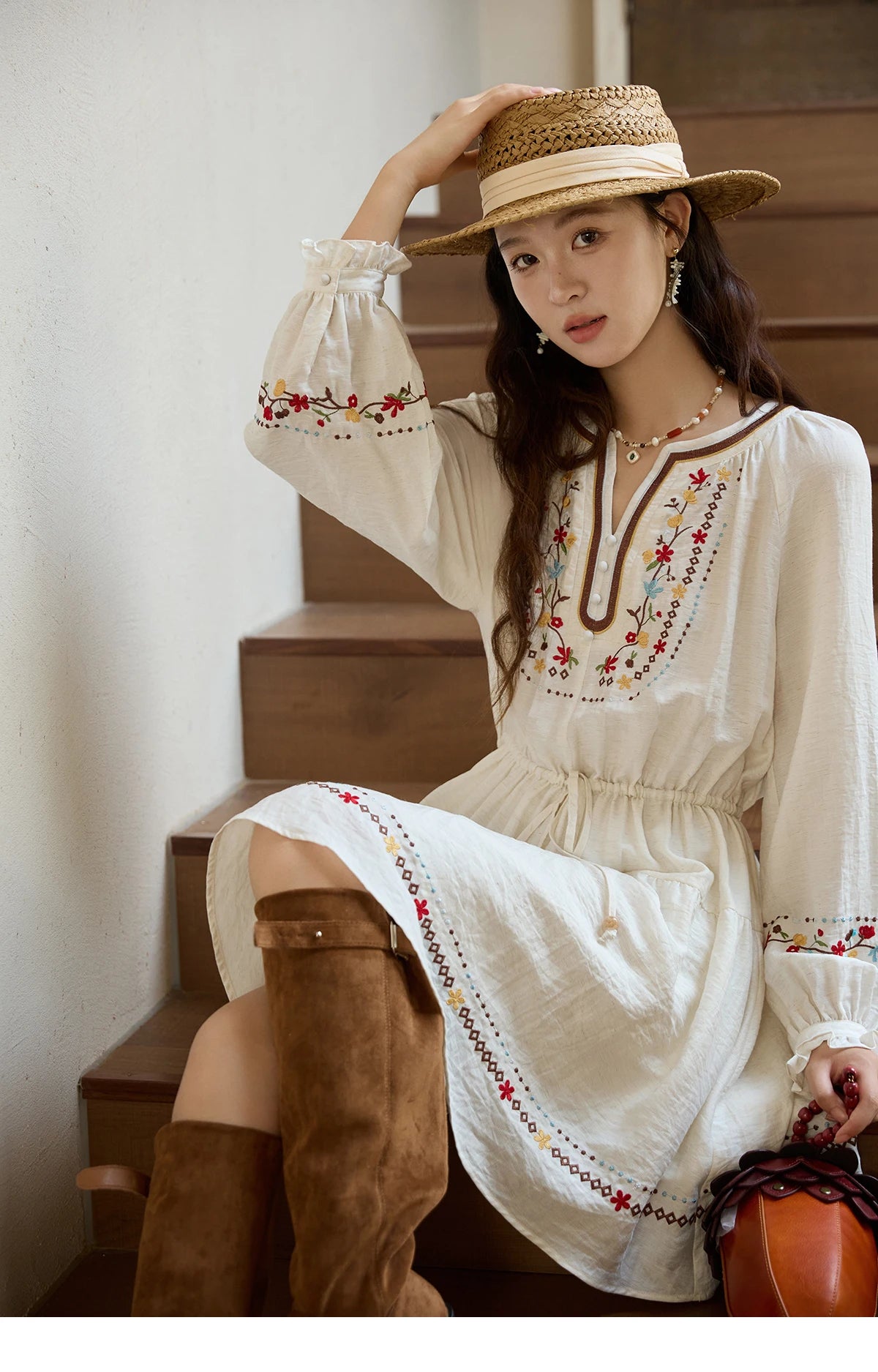 Mishow V-Neck Embroidered Drawstring Bohemian Dress MXE44L2489