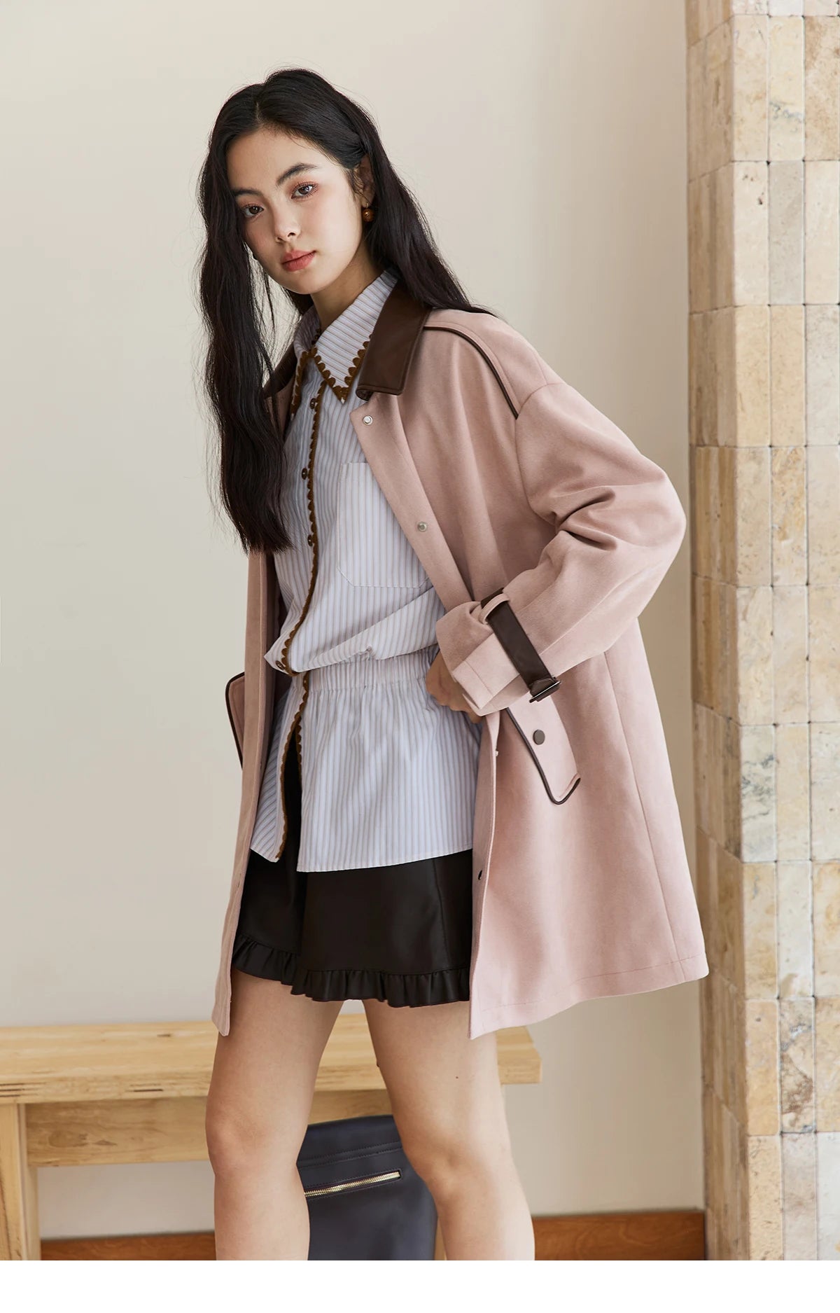 MISHOW Pink Mid-Length Jacket Turn-Down Collar Button Spliced MXE45W0845
