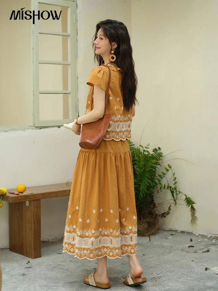 Mishow French Lace Embroidery Blouse & A-Line Skirt Set MXE39T0645