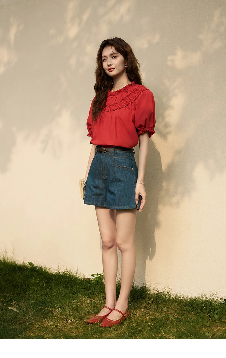 MISHOW French Cotton Bubble Sleeve Blouse Lace Collar MXD23X1500