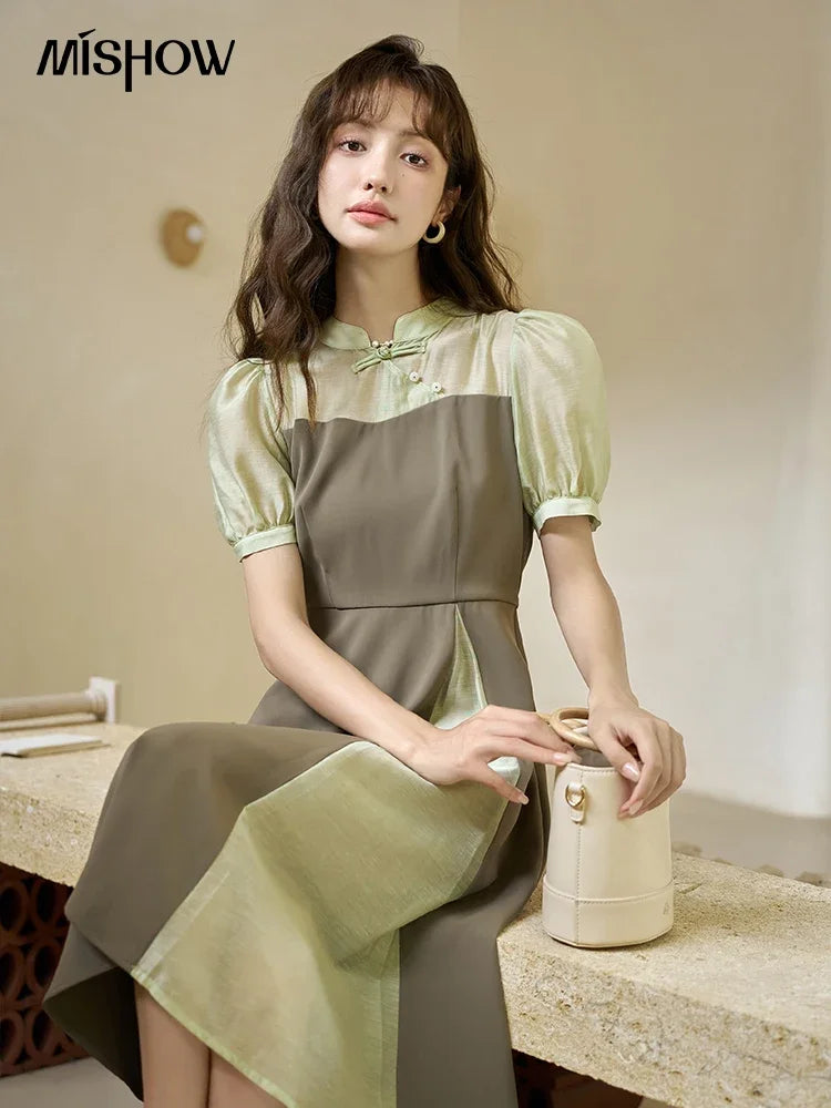 Mishow Chinese Style Puff Sleeve Fake Two-Piece Dress MXC35L1354