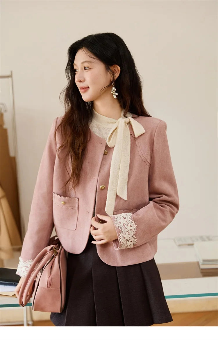 MISHOW Fragrant Suede Jacket Cuffs Hollowed Out Lace Metal Button MXE46W0839