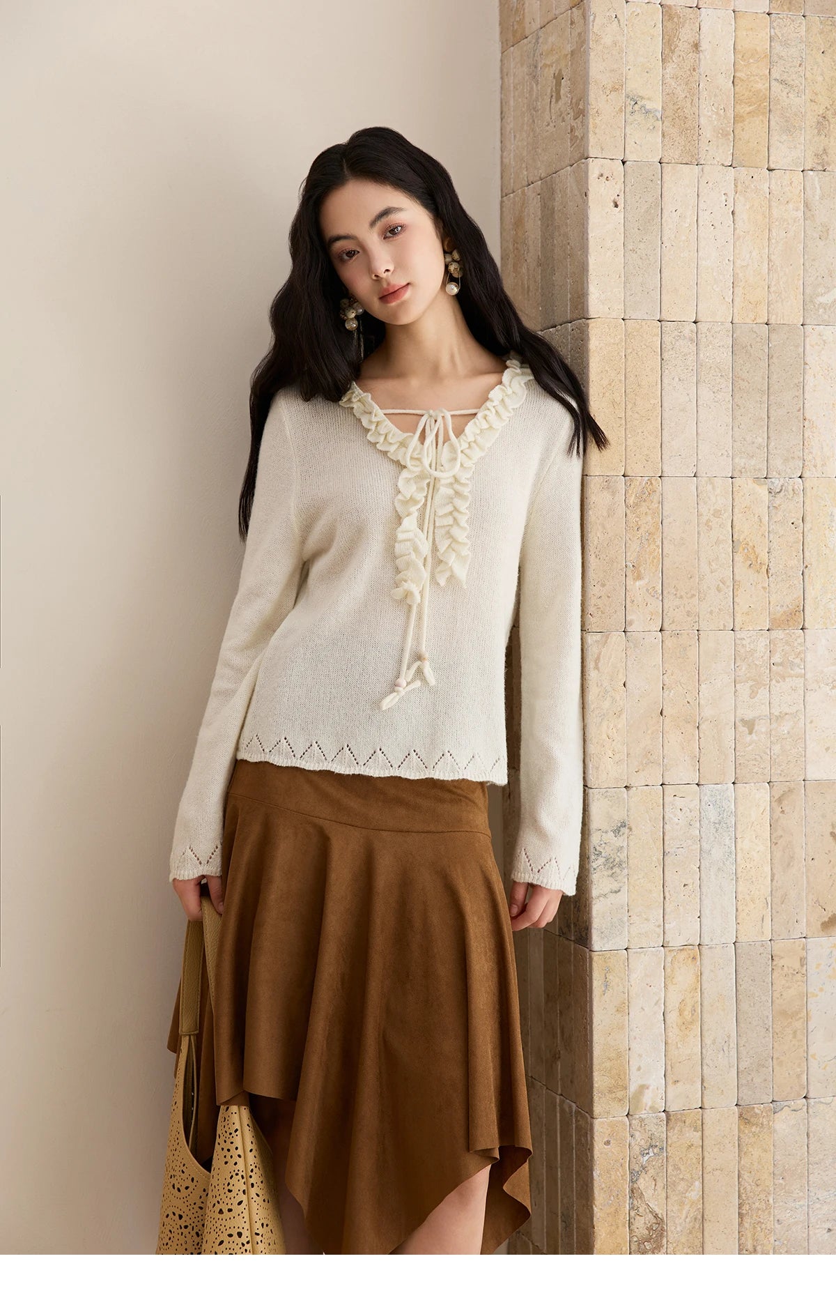 Mishow Beige V-Neck Wood Ear Hollow Sweater MXE51Z2595