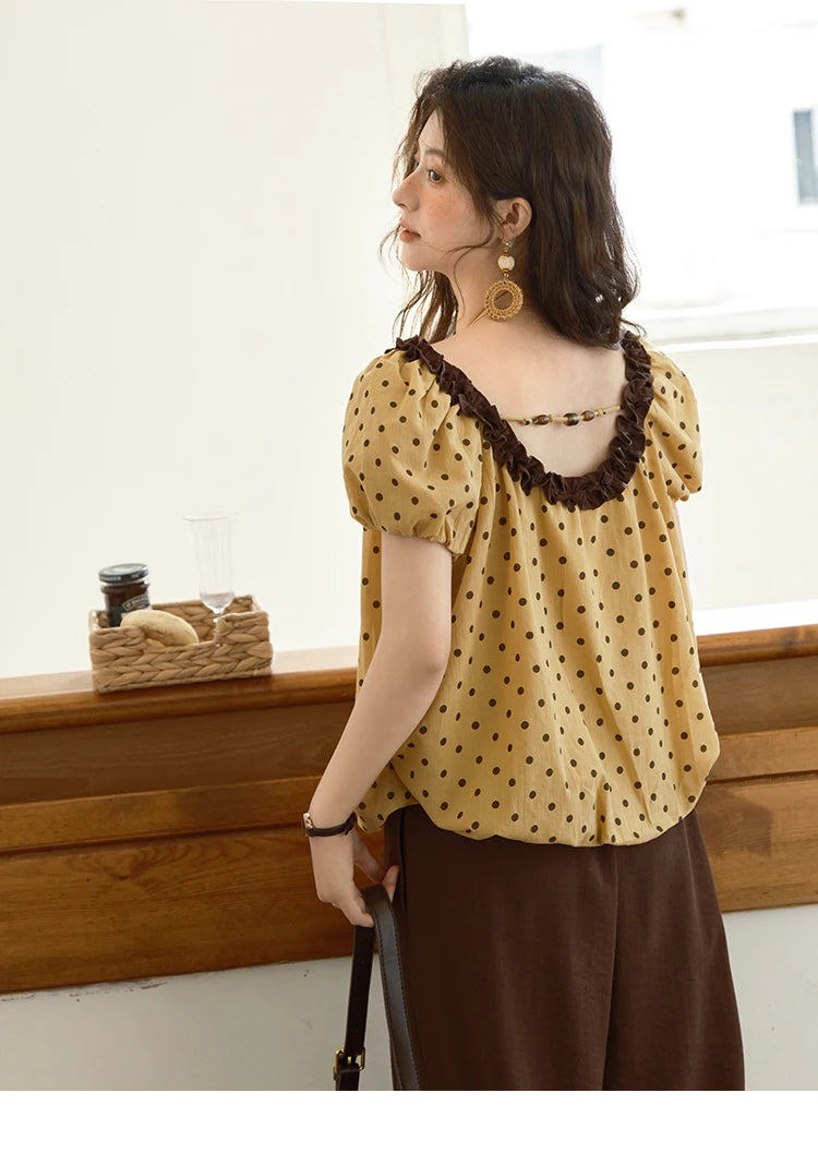 Mishow Polka Dot Puff Sleeve Top & Wide Leg Pants Set MXE39T0657