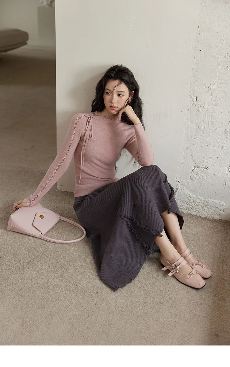 Mishow Hollow Tie Design Bottoming Knit Sweater MXD45Z0766