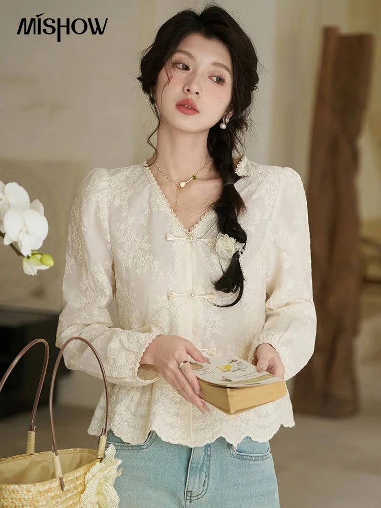 MISHOW Chinese Lace Blouse V-Neck Embroidery MXD14X1433