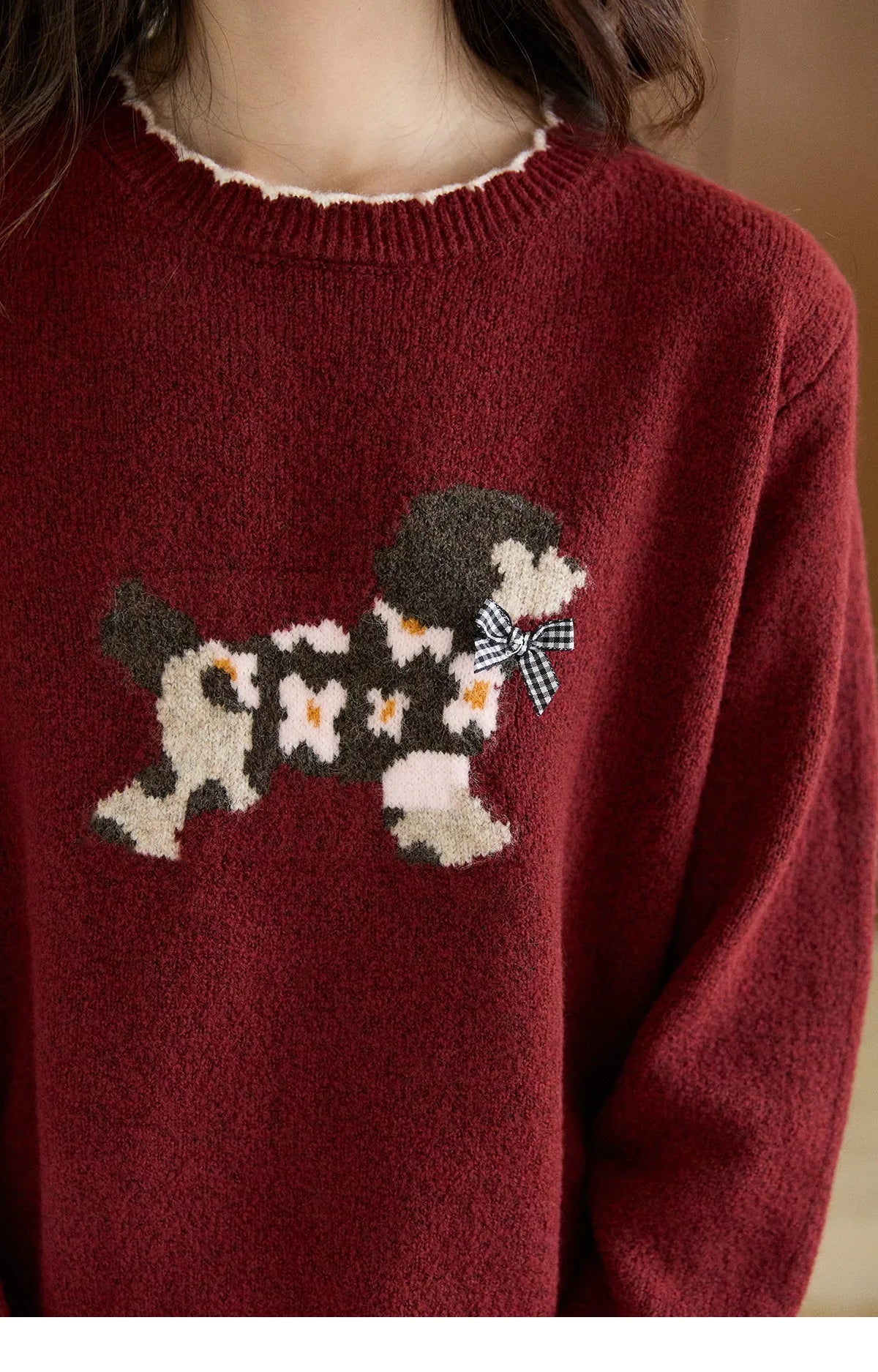 Mishow Burgundy Poodle Pattern Ruffled Trim Pullover MXE93Z2949