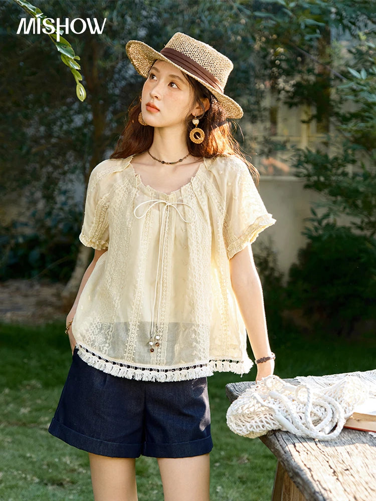 MISHOW Embroidered Jacquard Blouse O-Neck Lace Up MXE37X1861