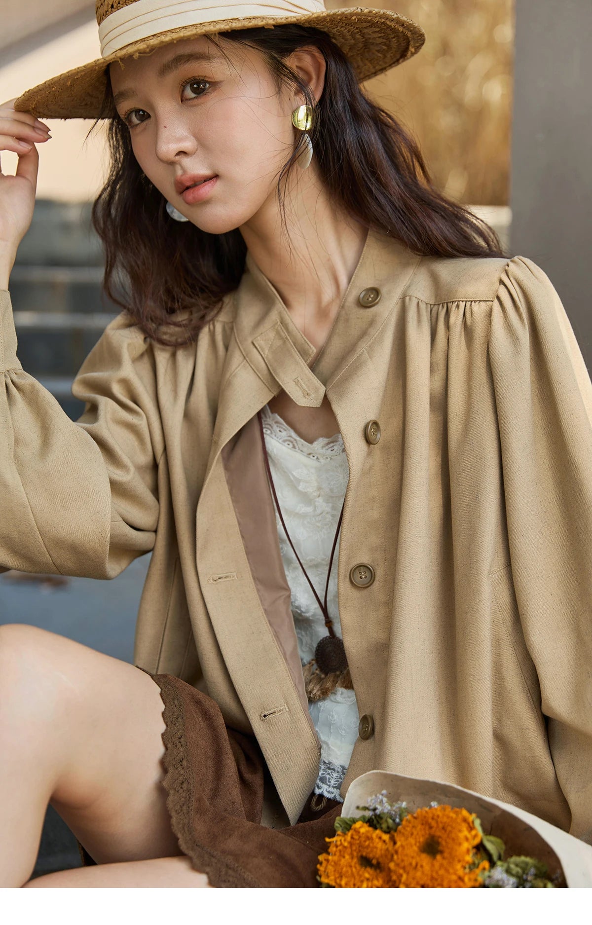 Mishow British Light Brown Stand Collar Trench MXE43W0802