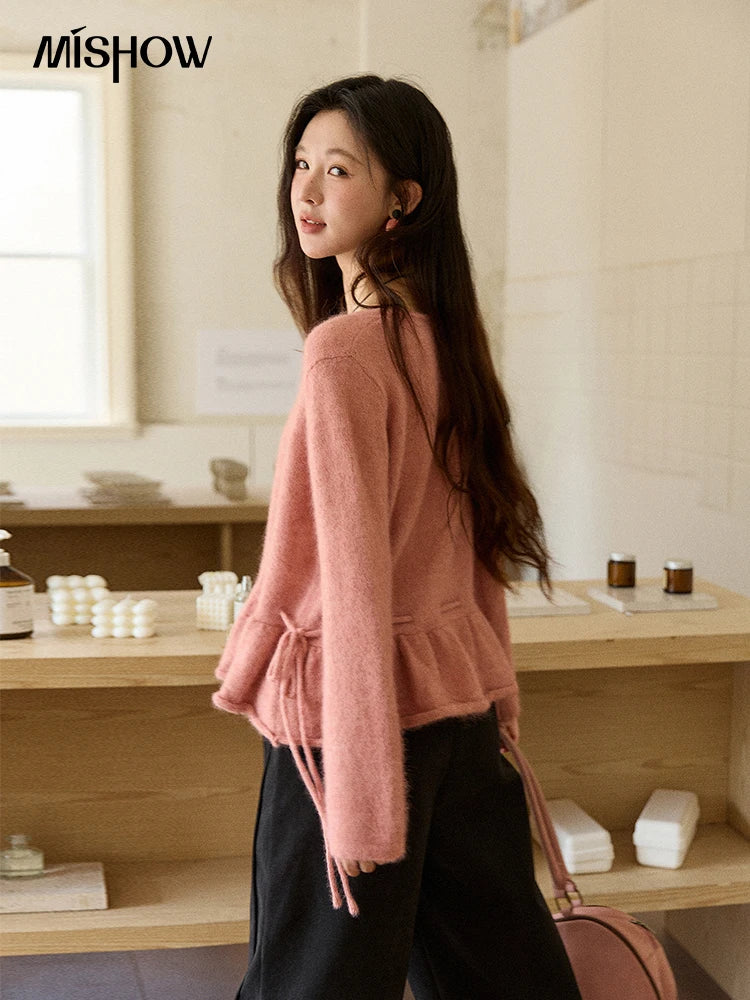 Mishow French Pink Ruffled Hem Pullover with Drawstring Belt MXE90Z2824
