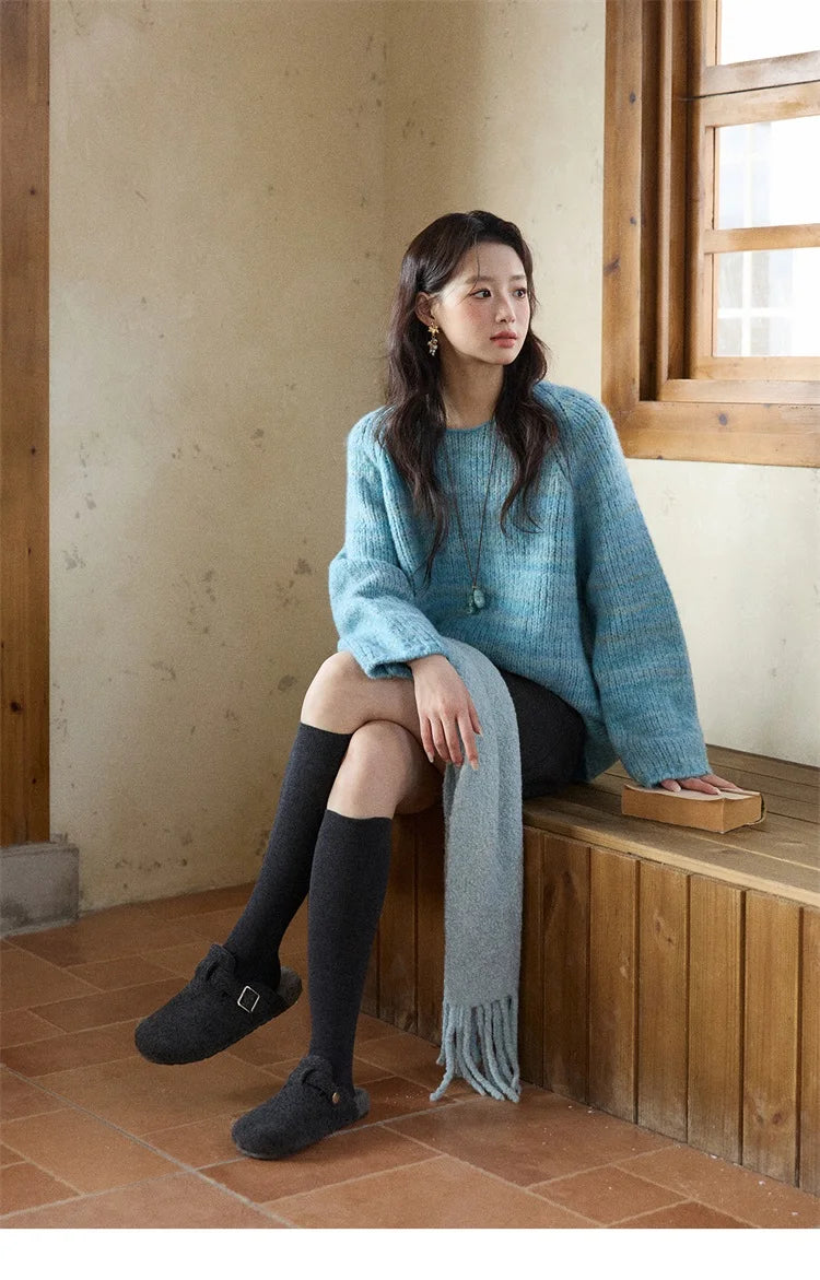 Mishow Blue Loose Crew Neck Long Sleeve Pullover MXE86Z2733