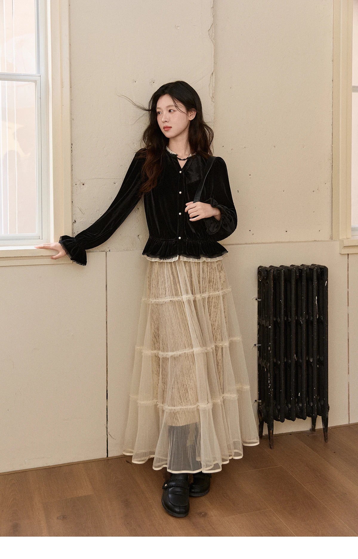 Mishow Black Velvet Lace Pearl Button Puff Sleeve Shirt MXE94X2516