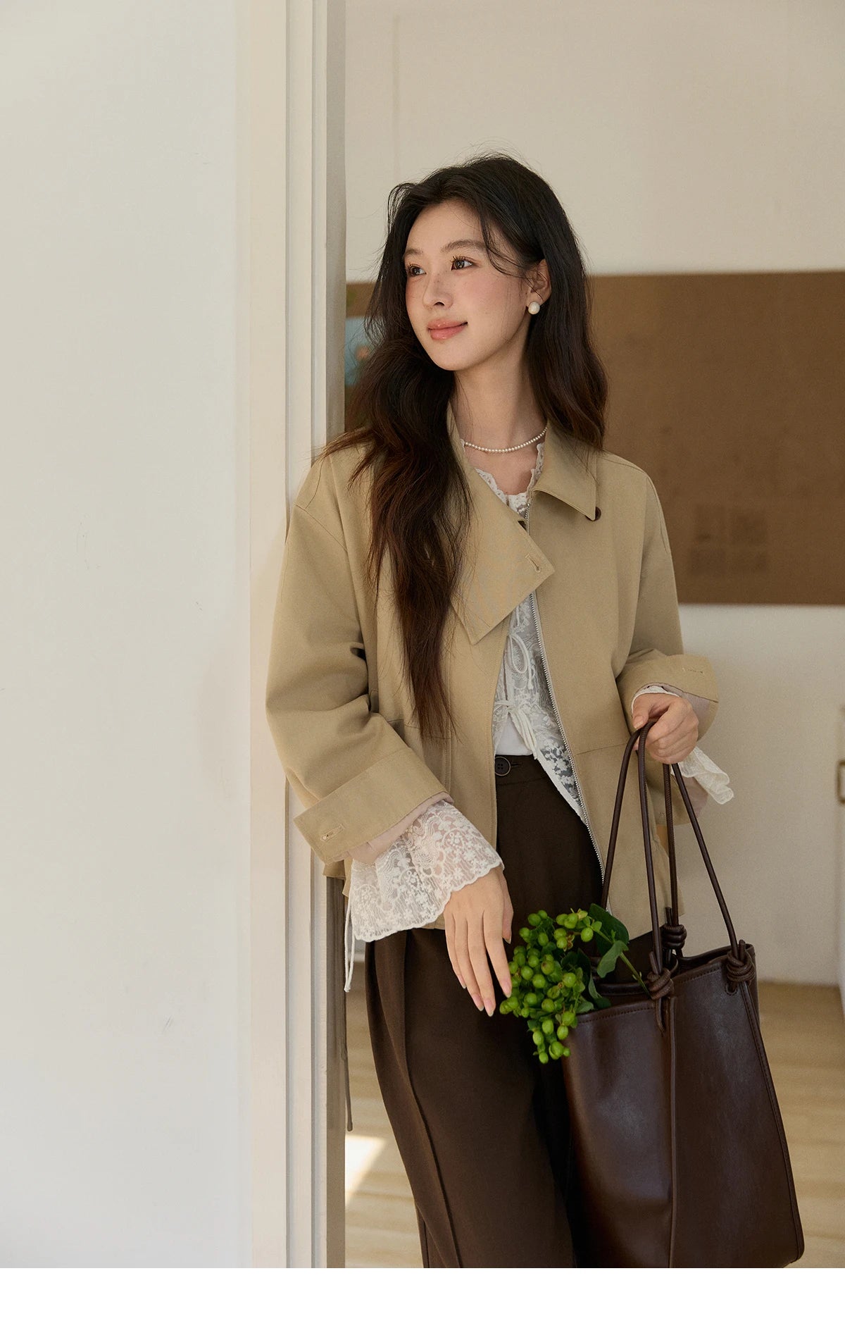MISHOW Khaki Cropped Jacket Asymmetrical Collar Drawstring Waist MXF11W1029