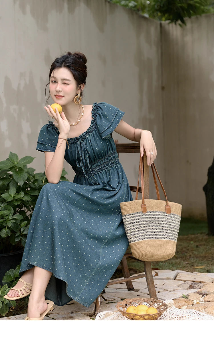 Mishow Polka Dot Flying Sleeve Lace-Up Denim Dress MXD30L2022