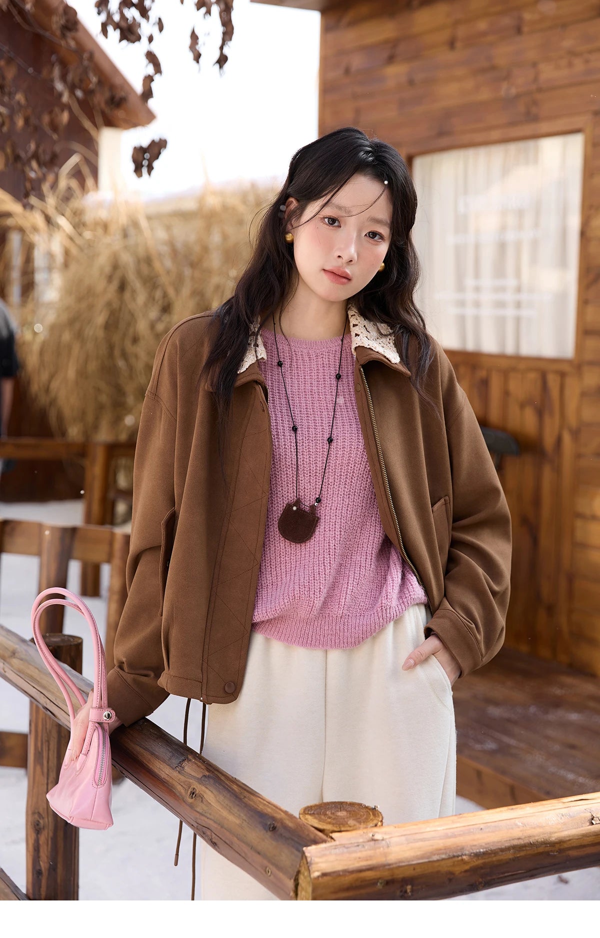 MISHOW Brown Jacket Detachable Lace Collar Drawstring Hem MXE45W0846