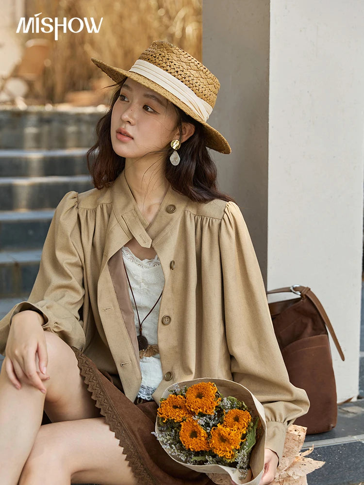 Mishow British Light Brown Stand Collar Trench MXE43W0802