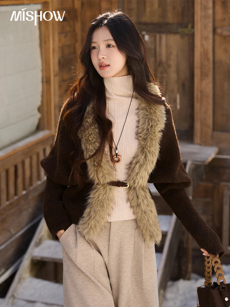 MISHOW Brown Knitted Cardigan Faux Fur Collar Batwing Sleeve MXE94Z2954