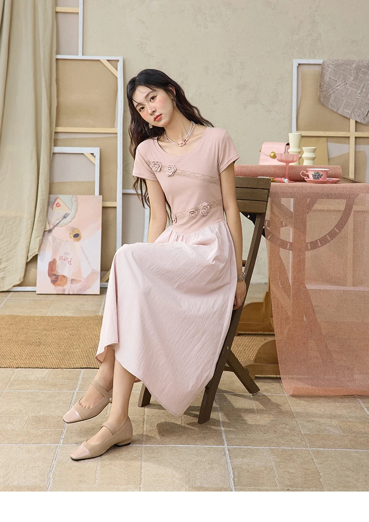 Mishow French Pink Woven Patchwork Knit Dress MXE36L2247