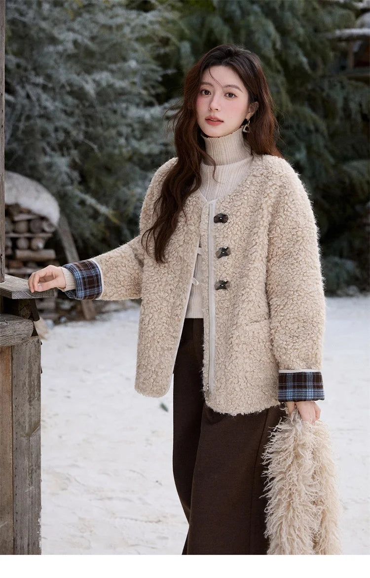 Mishow Plaid Patchwork Curly Lambswool Coat MXE87W0939