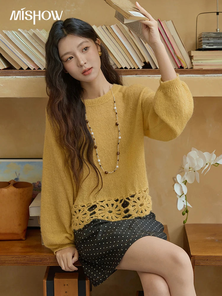 Mishow French Hollow Out Floral O-Neck Sweater MXE44Z2491