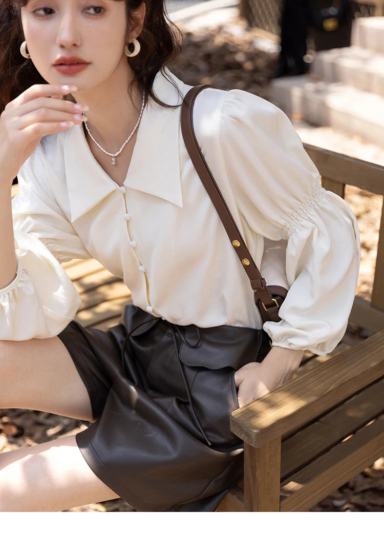 MISHOW Vintage French Lantern Sleeve Blouse Turndown Collar MXB32C0508