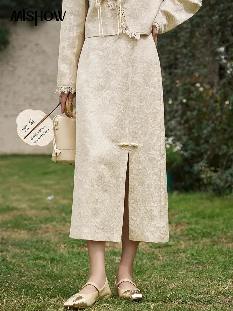 Mishow Chinese Lace Edge Jacket & Front Split Midi Skirt Set MXD15W0370