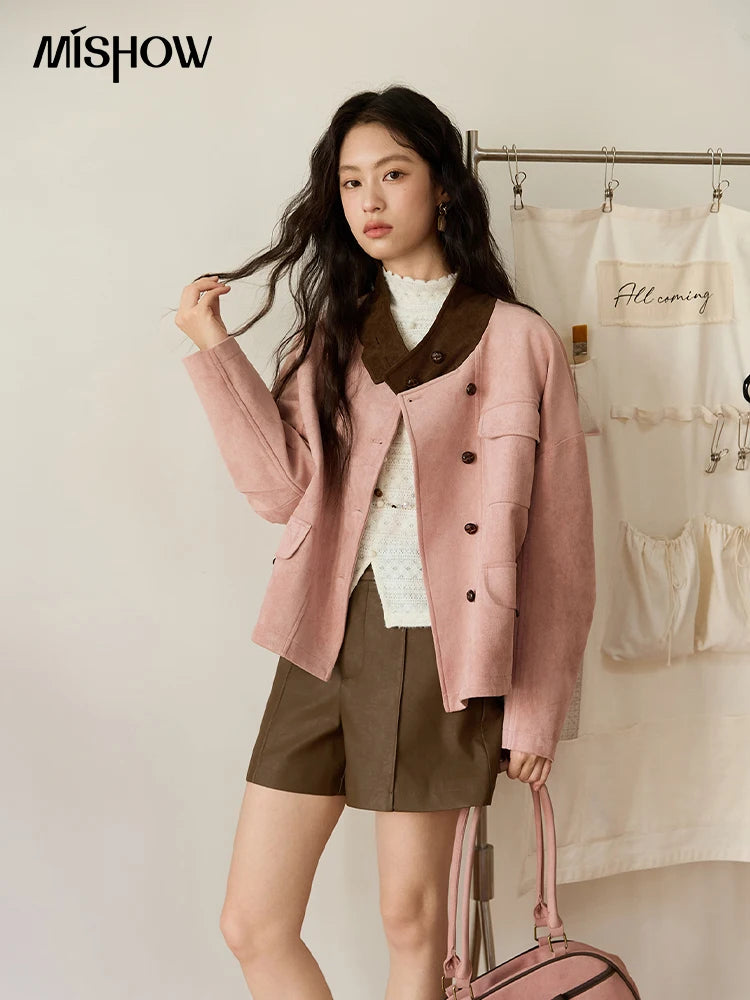 MISHOW Pink Coffee Suede Jacket Stand Collar Contrast Color MXE48W0851
