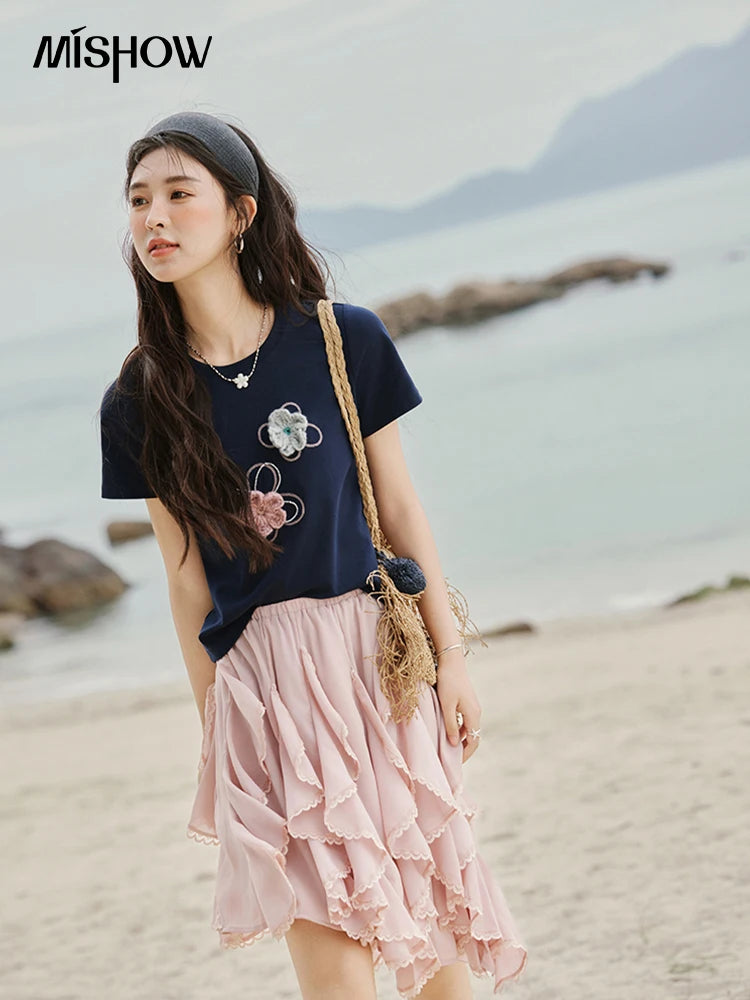 Mishow Flower Beaded Round Neck Tee MXE33T0499