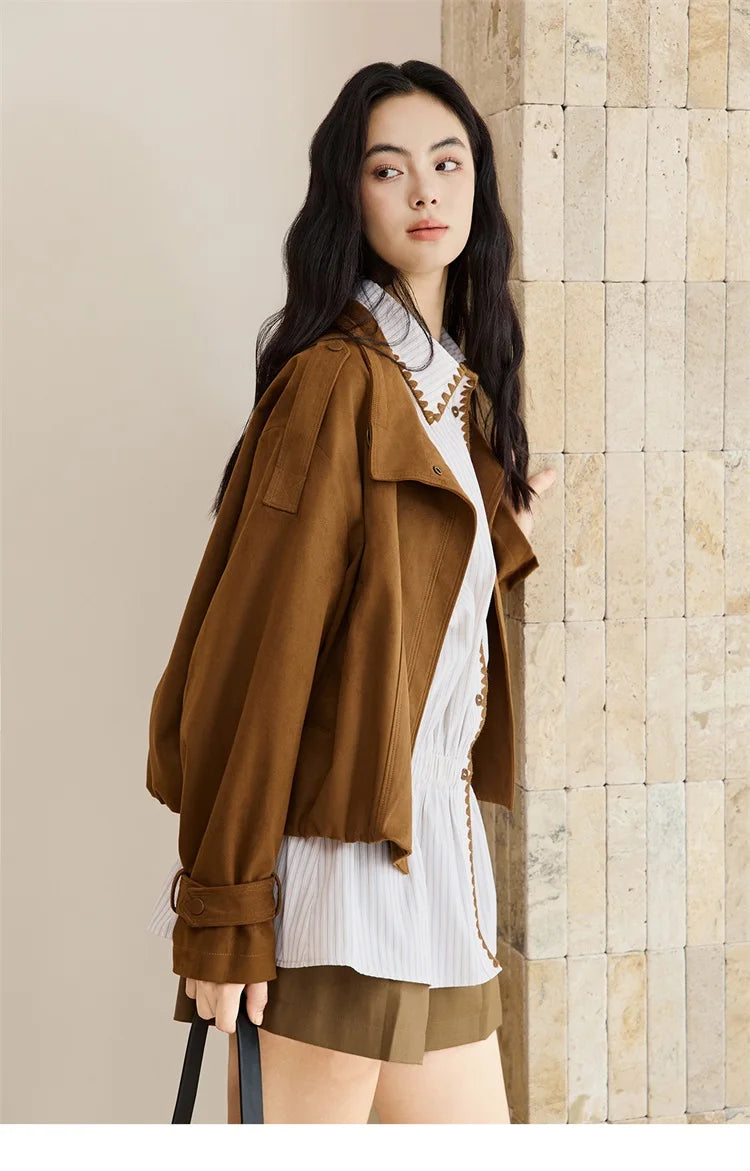 MISHOW Vintage Suede Short Jacket Brown Lapel Zipper MXE45W0869