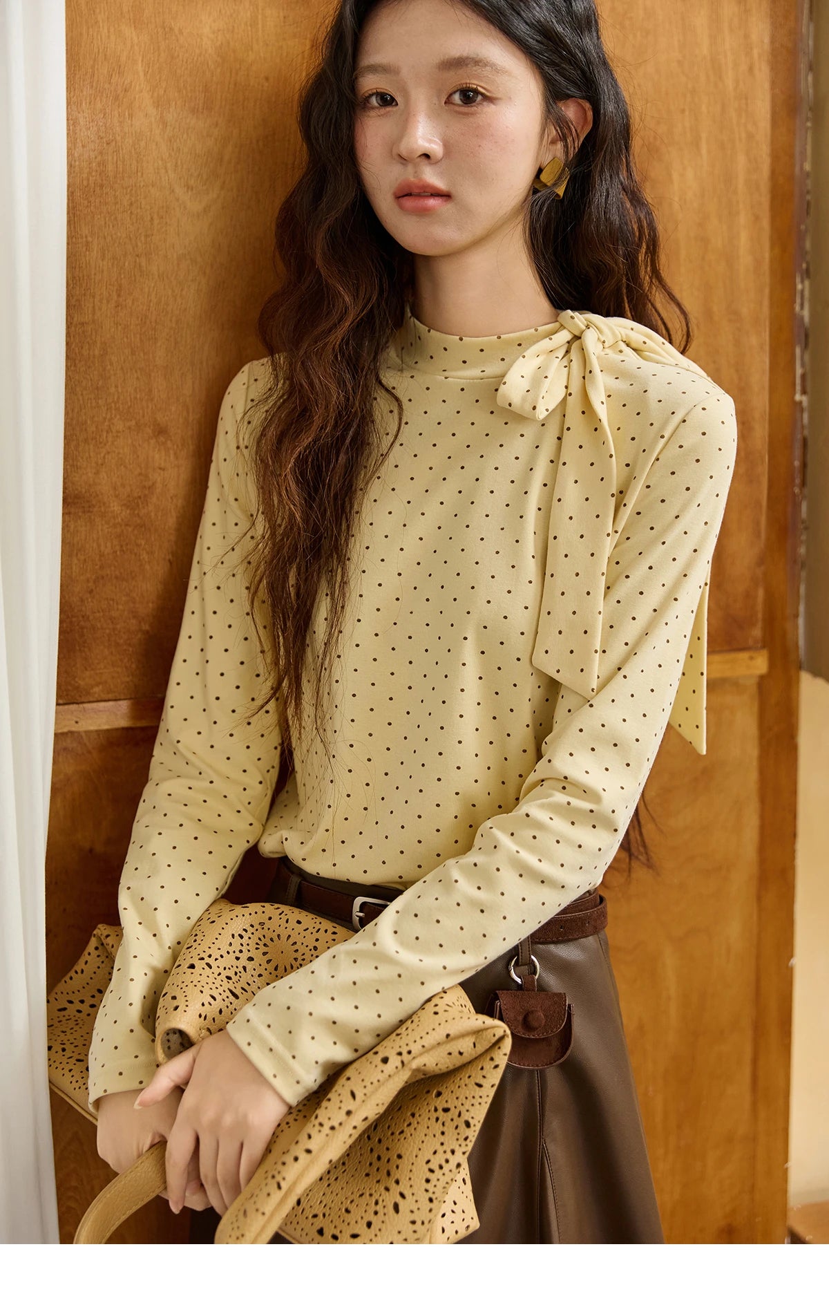 Mishow Yellow Polka Dot Lace Up Collar Pullover MXE45Z1379