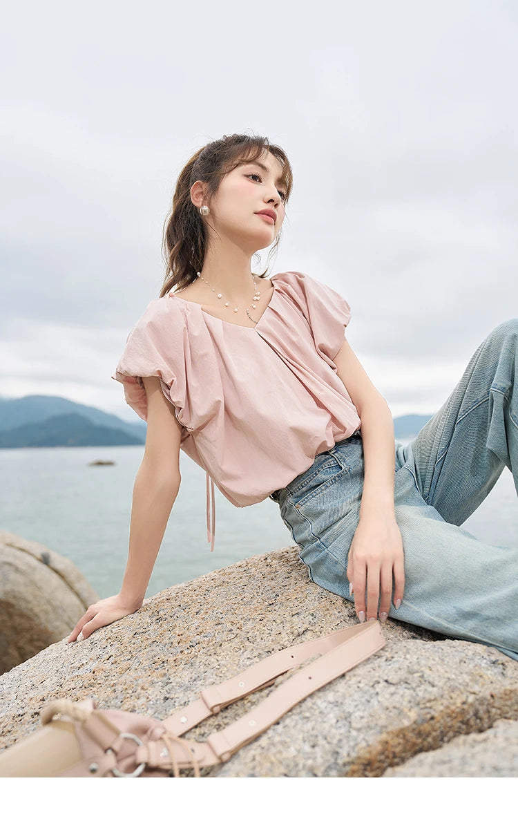 MISHOW French Rear Collar Tie Blouse V-Neck Puff Sleeve MXC38X1275