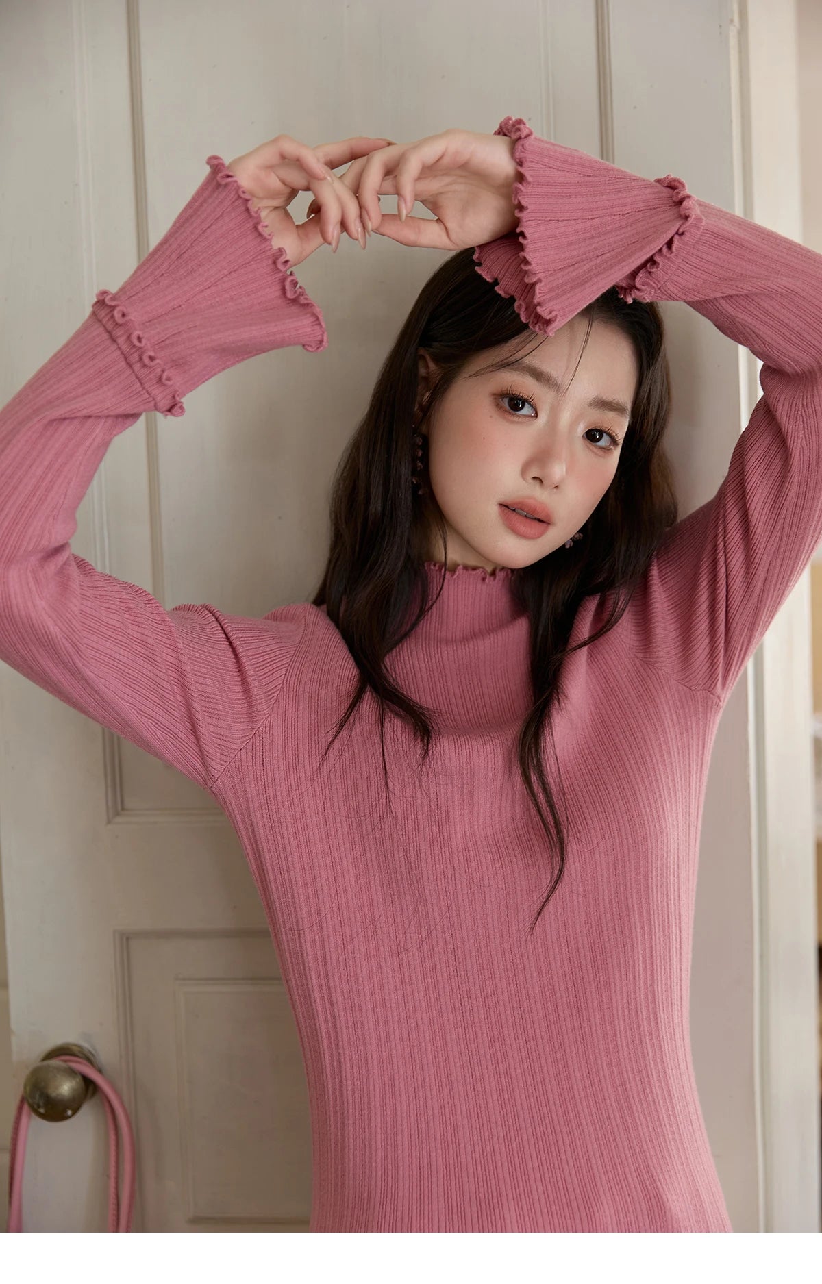Mishow Turtleneck Wood Ear Trumpet Sleeve Top MXE51Z2552