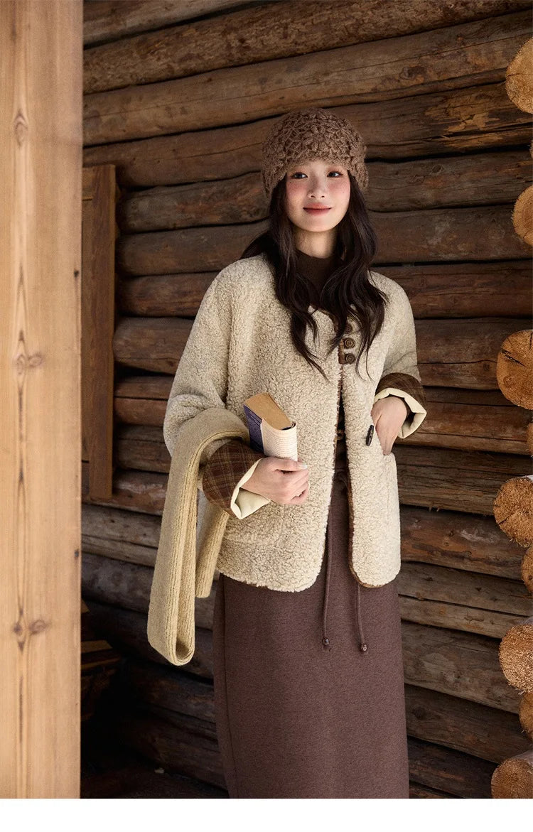 Mishow Plaid Patchwork Lamb Wool Round Neck Coat MXE90W0923