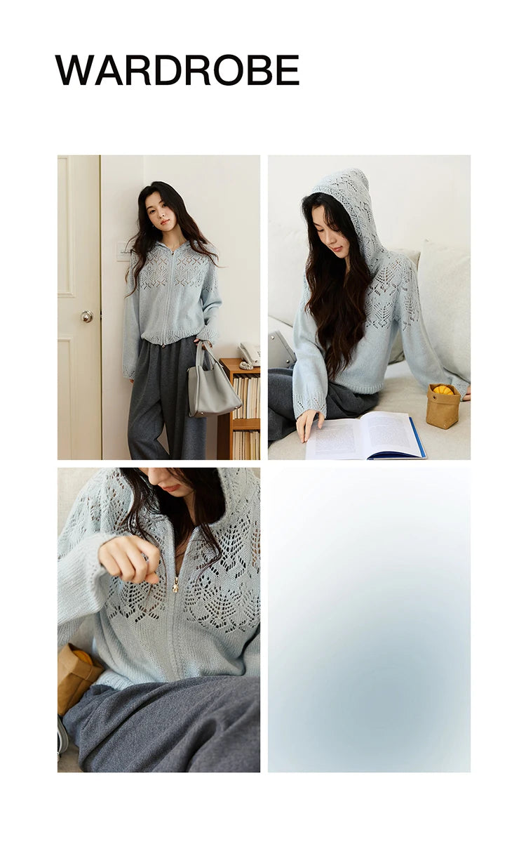 Mishow Blue Hooded Hollow Knit Zipper Cardigan MXE46Z2584