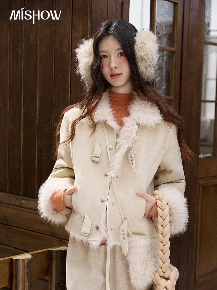 Mishow Faux Fur Lapel Short Coat with Plush Bag MXE91W1000