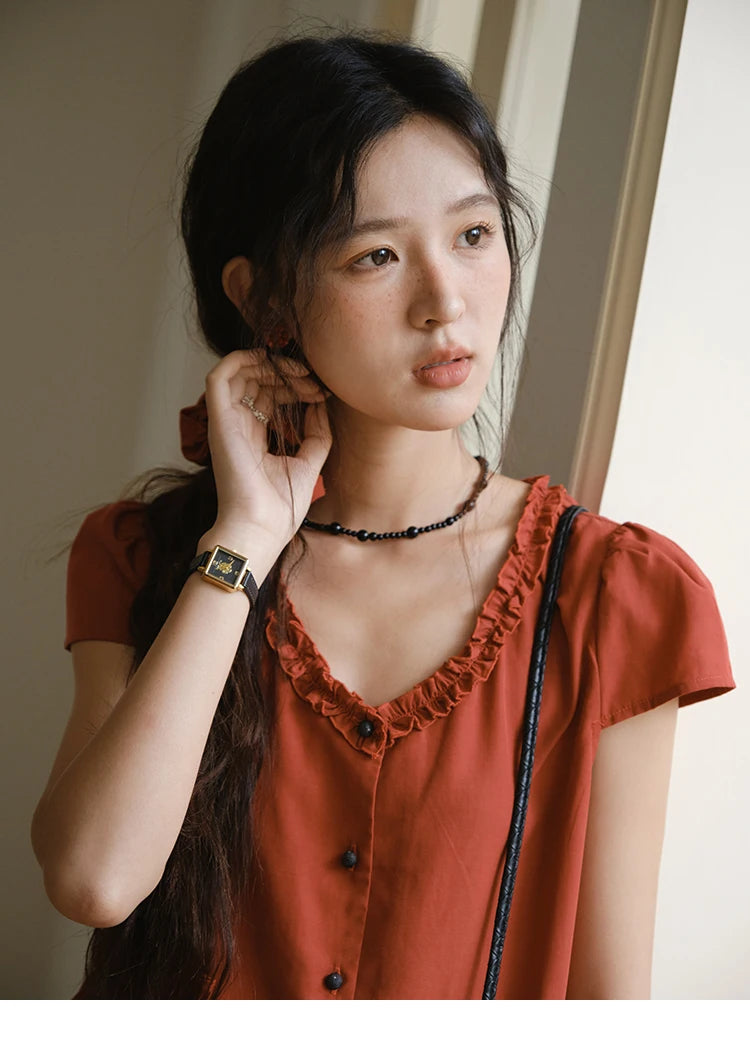 MISHOW Mushroom Edge V-Neck Blouse Button Short Sleeve MXE38X1867